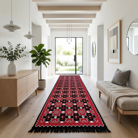 Covoare tradiționale - Traversă hol țesută tradițional, 80x300 cm, 2 fețe, Model Kilim Grena-Negru
