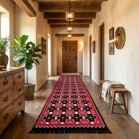 Covoare tradiționale - Traversă hol țesută tradițional, 80x300 cm, 2 fețe, Model Kilim Grena-Negru