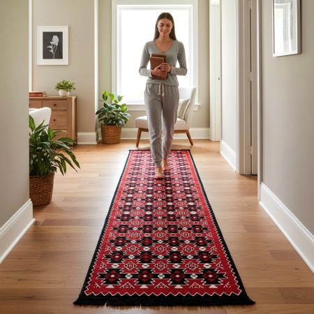 Covoare tradiționale - Traversă hol țesută tradițional, 80x300 cm, 2 fețe, Model Kilim Grena-Negru