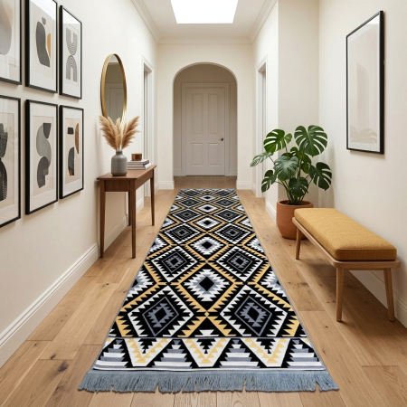 Covoare tradiționale - Traversă hol țesută tradițional, 80x300 cm, 2 fețe, Model Boho Etnic Ocru