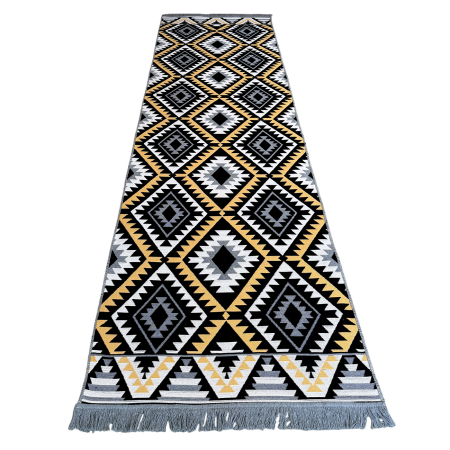 Covoare tradiționale - Traversă hol țesută tradițional, 80x300 cm, 2 fețe, Model Boho Etnic Ocru