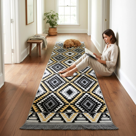 Covoare tradiționale - Traversă hol țesută tradițional, 80x300 cm, 2 fețe, Model Boho Etnic Ocru