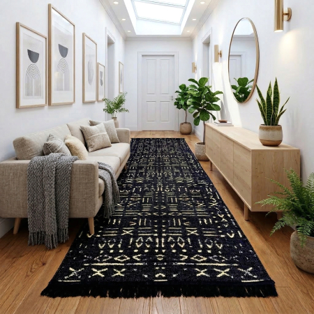 Covoare tradiționale - Traversă hol țesută tradițional, 80x300 cm, 2 fețe, Model Tribal Etnic Negru-Bej