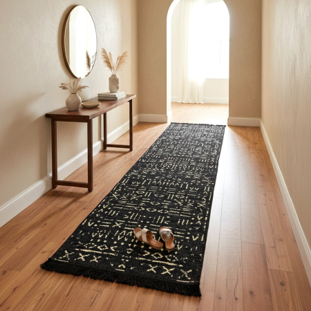 Covoare tradiționale - Traversă hol țesută tradițional, 80x300 cm, 2 fețe, Model Tribal Etnic Negru-Bej