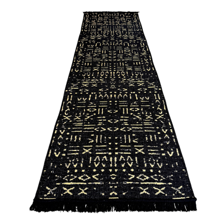 Covoare tradiționale - Traversă hol țesută tradițional, 80x300 cm, 2 fețe, Model Tribal Etnic Negru-Bej