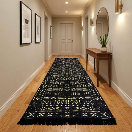 Covoare tradiționale - Traversă hol țesută tradițional, 80x300 cm, 2 fețe, Model Tribal Etnic Negru-Bej