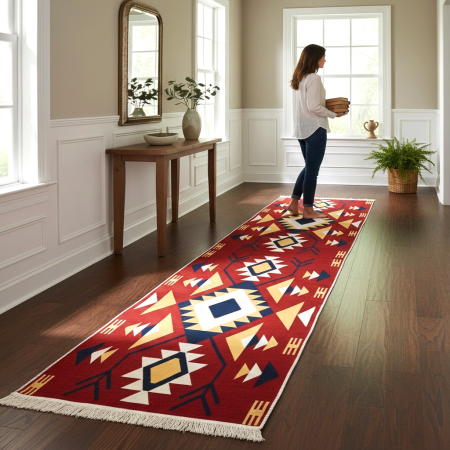 Covoare tradiționale - Traversă hol țesută tradițional, 80x300 cm, 2 fețe, Model Etnic Tribal Roșu