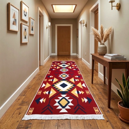 Covoare tradiționale - Traversă hol țesută tradițional, 80x300 cm, 2 fețe, Model Etnic Tribal Roșu