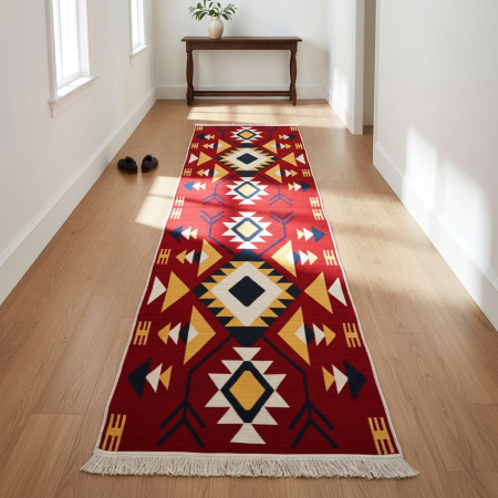 Covoare tradiționale - Traversă hol țesută tradițional, 80x300 cm, 2 fețe, Model Etnic Tribal Roșu