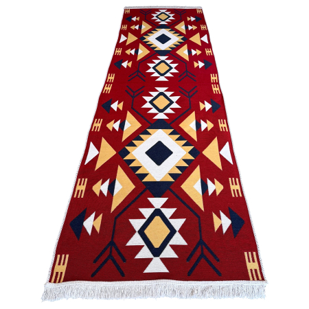 Covoare tradiționale - Traversă hol țesută tradițional, 80x300 cm, 2 fețe, Model Etnic Tribal Roșu