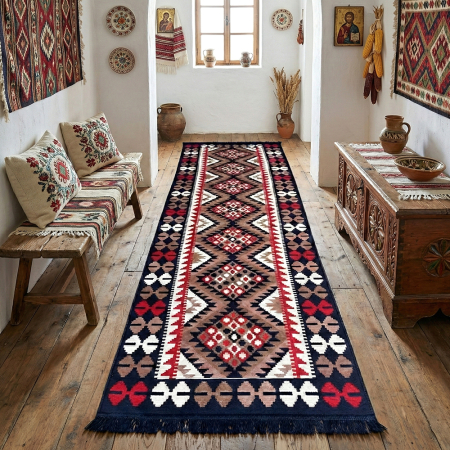 Covoare tradiționale - Traversă hol țesută tradițional, 80x300 cm, 2 fețe, geometric, bleumarin