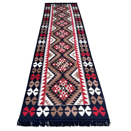 Covoare tradiționale - Traversă hol țesută tradițional, 80x300 cm, 2 fețe, geometric, bleumarin