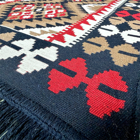 Covoare tradiționale - Traversă hol țesută tradițional, 80x300 cm, 2 fețe, geometric, bleumarin