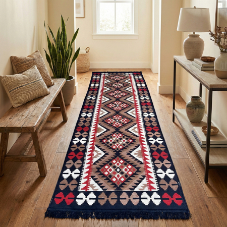 Covoare tradiționale - Traversă hol țesută tradițional, 80x300 cm, 2 fețe, geometric, bleumarin