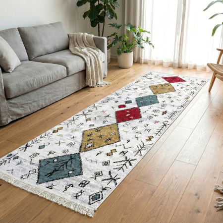 Covoare tradiționale - Traversă hol țesută tradițional, 80x300 cm, 2 fețe, model rustic modern