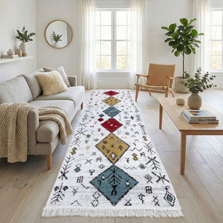 Covoare tradiționale - Traversă hol țesută tradițional, 80x300 cm, 2 fețe, model rustic modern