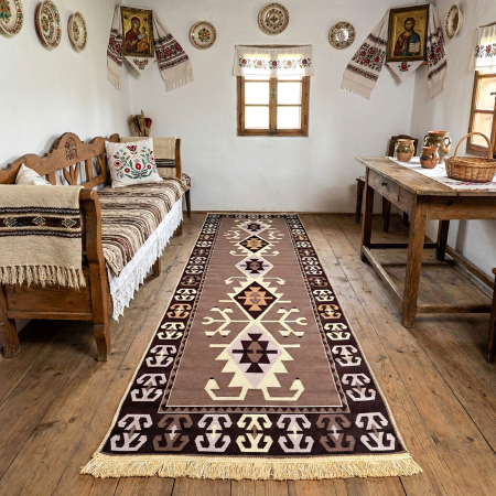 Covoare tradiționale - Traversă hol țesută tradițional, 80x300 cm, 2 fețe, romburi kilim, maro cu bej