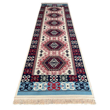 Covoare tradiționale - Traversă hol țesută tradițional, 80x300 cm, 2 fețe, mozaic rustic, roșu