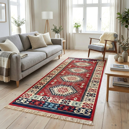 Covoare tradiționale - Traversă hol țesută tradițional, 80x300 cm, 2 fețe, mozaic rustic, roșu