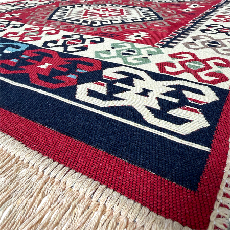 Covoare tradiționale - Traversă hol țesută tradițional, 80x300 cm, 2 fețe, mozaic rustic, roșu