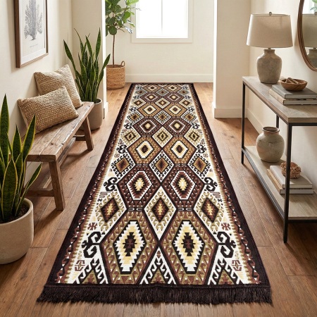 Covoare tradiționale - Traversă hol țesută tradițional, 80x300 cm, 2 fețe, geometric, maro cu bej