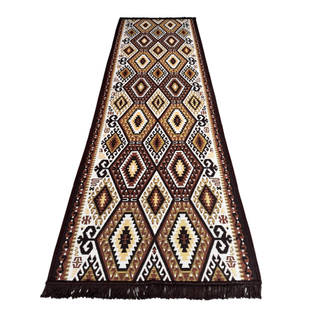 Covoare tradiționale - Traversă hol țesută tradițional, 80x300 cm, 2 fețe, geometric, maro cu bej