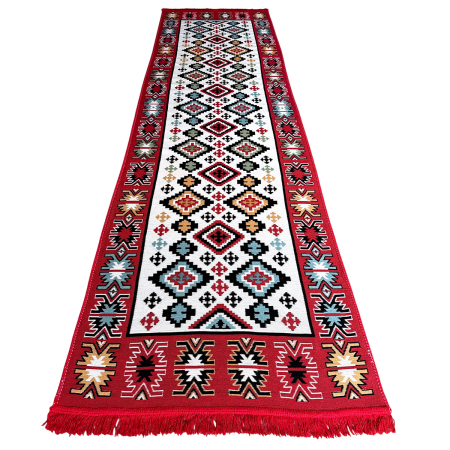 Covoare tradiționale - Traversă hol țesută tradițional, 80x300 cm, 2 fețe, geometric, roșu
