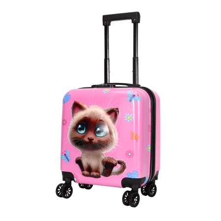 Trolere - Troler copii 43x35x23 cm, 4 roți, ABS + Policarbonat, model Pisicuță 3D roz