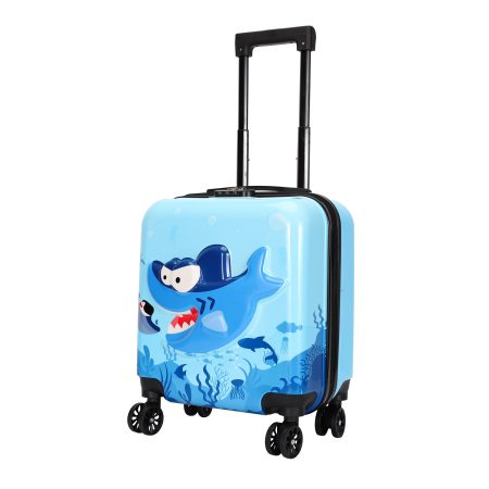 Trolere - Troler copii 43x35x23 cm, 4 roți, ABS + Policarbonat, model Rechin 3D albastru