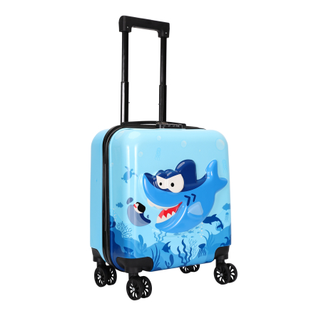 Trolere - Troler copii 43x35x23 cm, 4 roți, ABS + Policarbonat, model Rechin 3D albastru