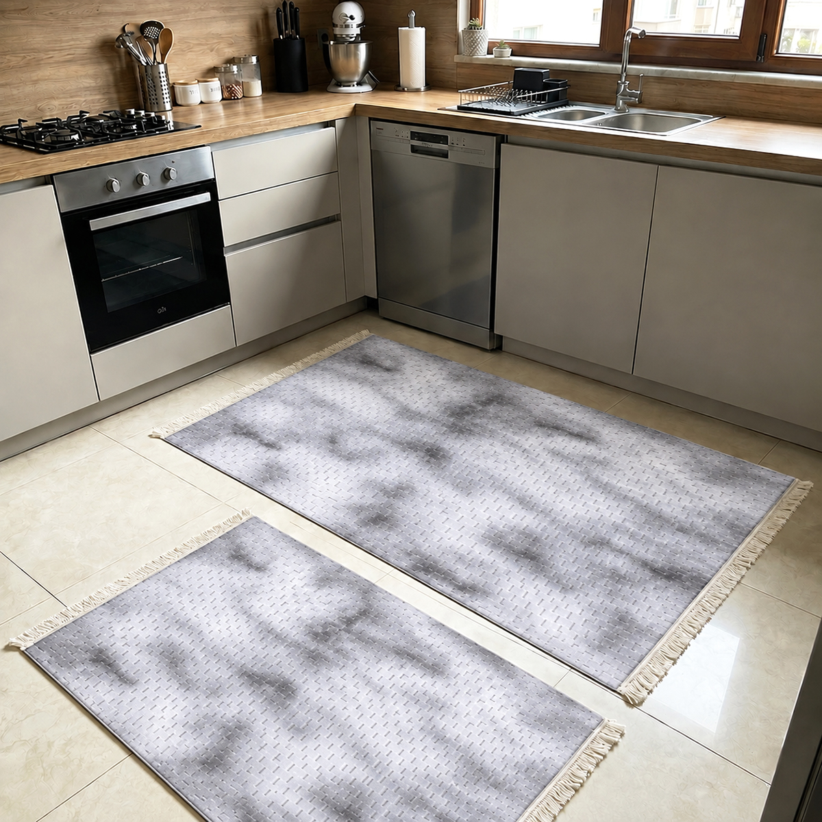 Set 2 covoare bucatarie, antiderapante, Welsoft Plus, abstract, gri, CBU424 Poliester 100%, Turcia, Bucatarie, 2 covoare: 60x80 cm + 60x120 cm,
