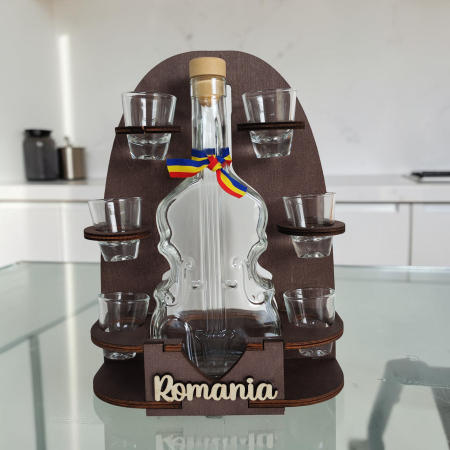 Suveniruri Romania - Suport Sticla Vioara cu pahare Romania SVR111