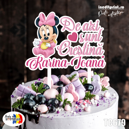 Aniversari copii - Topper Tort UV Personalizat Minnie | Mickey TC679 fată | băiat (De azi sunt crestin/a)