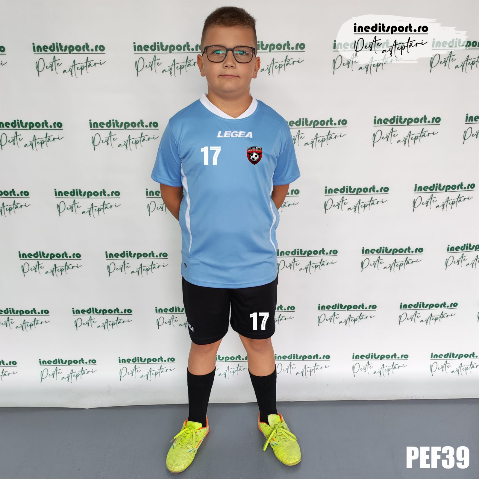 Echipament fotbal copii si adulti personalizat - PEF39 3XS, Tricou albastru deschis, sort negru