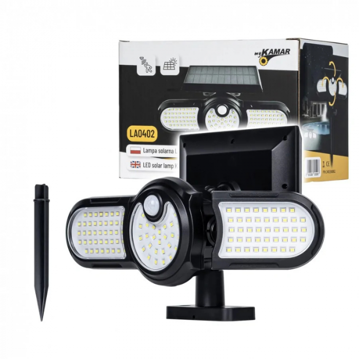Lampa solara, 112 x LED, cu senzor de miscare, 3 capete rotative 360° [3]