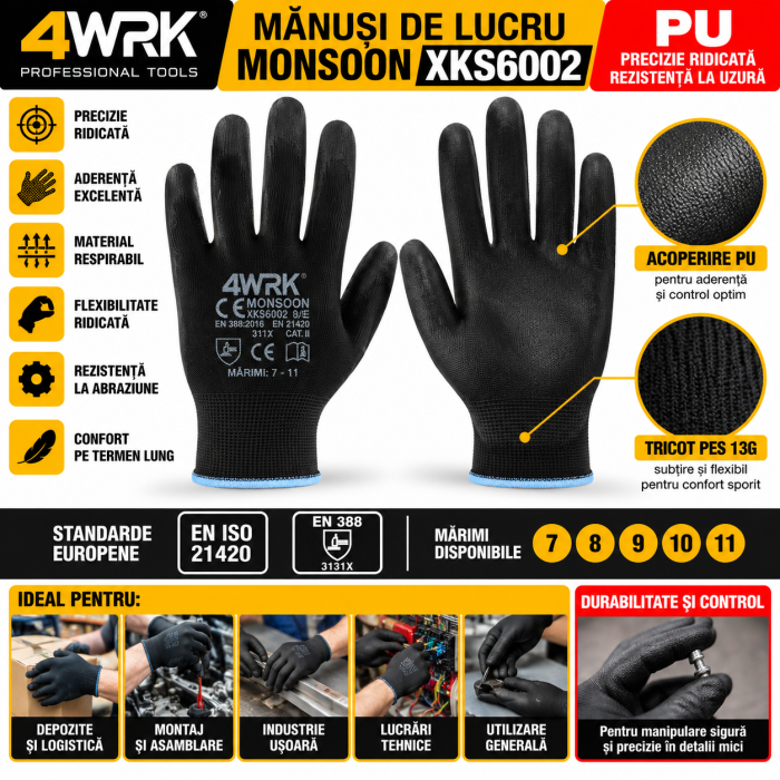 Manusi de lucru MONSOON XKS6002, Negre, cu acoperire PU [5]