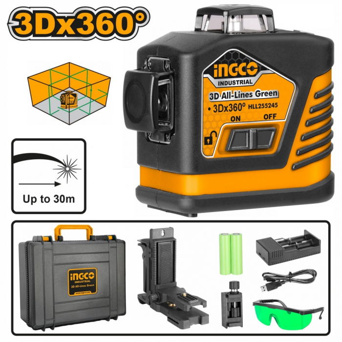 Nivela laser multi-linie, 3D, cu valiza, baterii reincarcabile + suport universal - INGCO HLL255245 [1]