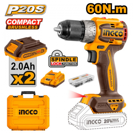 Bormasina 20V, Brushless, 60Nm, mandrina metalica, trusa cu acumulatori si incarcator [1]