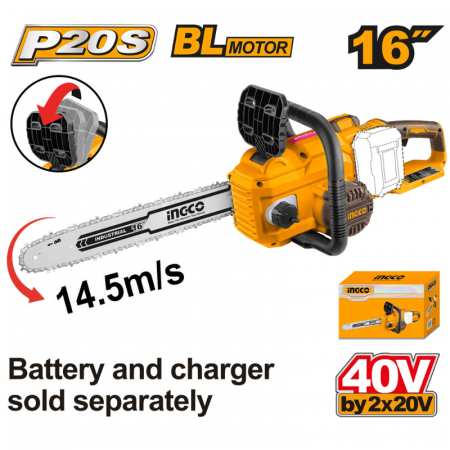 Fierastraie cu lant - Fierastrau cu Lant, Drujba pe acumulatori, 40V, 2 x 20V, lama 40cm, Motor fara Perii