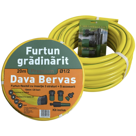 Pompe apa si accesorii pentru irigat si stropit - Furtun apa pentru gradina din PVC cu Insertie 3 Straturi 20m 1/2", Kit 5 Accesorii, rezistent UV si inghet
