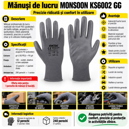 Manusi de lucru MONSOON XKS6002, Gri, cu acoperire PU [1]