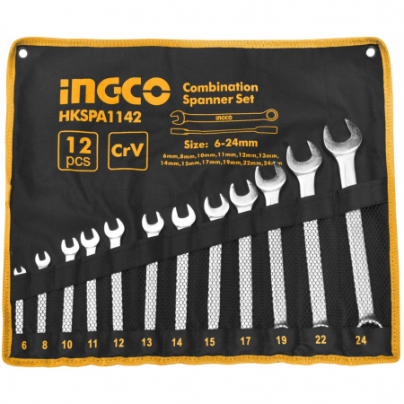 Chei si truse chei - Set chei combinate CrV, fixe si inelare 12buc, 6-24mm, in husa textila - INGCO HKSPA1142