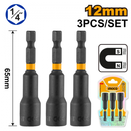 Set de 3 cheii Tubulare impact lungi, cu Magneti, 1/4, 12mm, 65mm lungime
