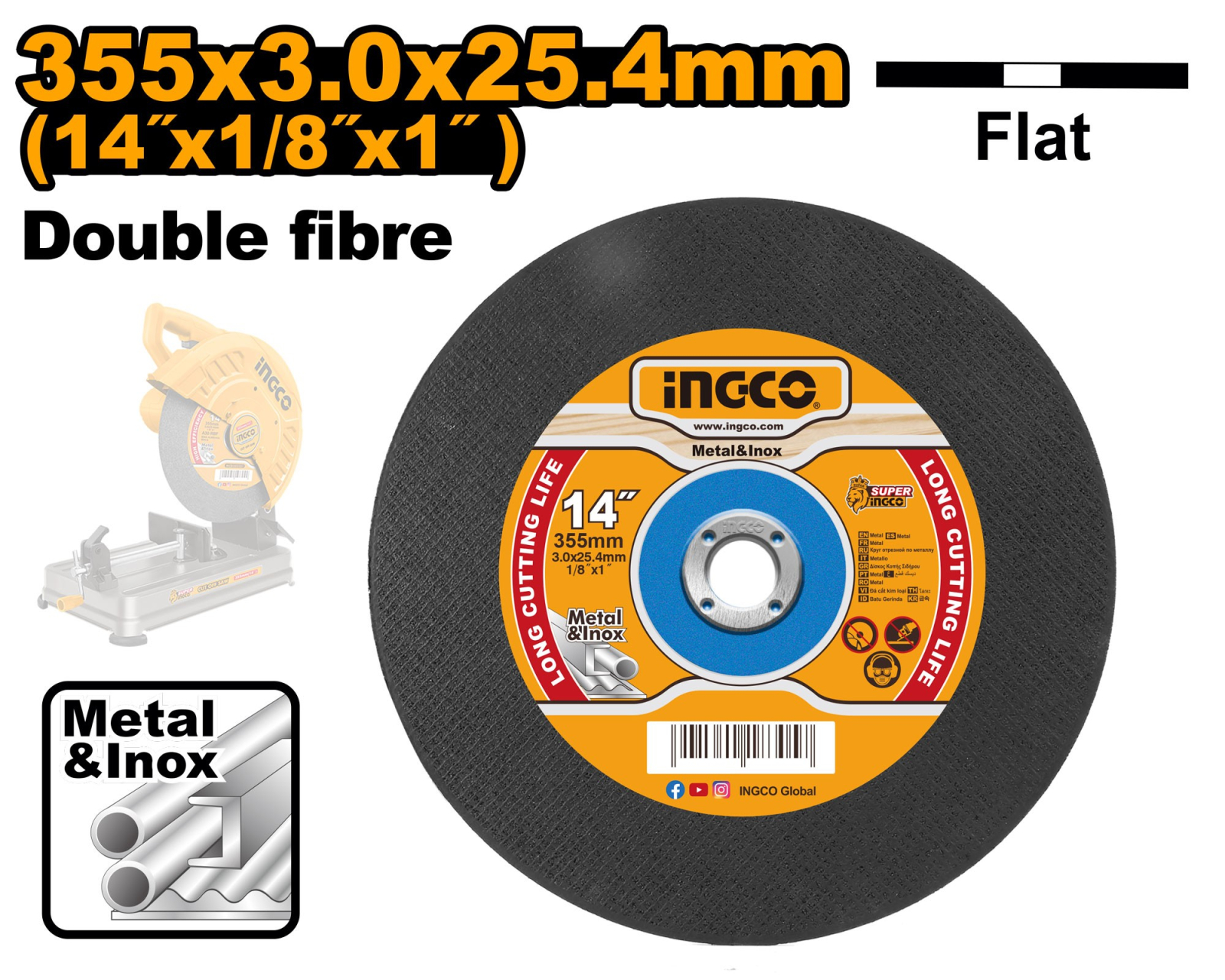 Disc abraziv INGCO pentru metal si inox, 35,5 x 0,3 cm, gaura 2,54 cm, 4400 rpm