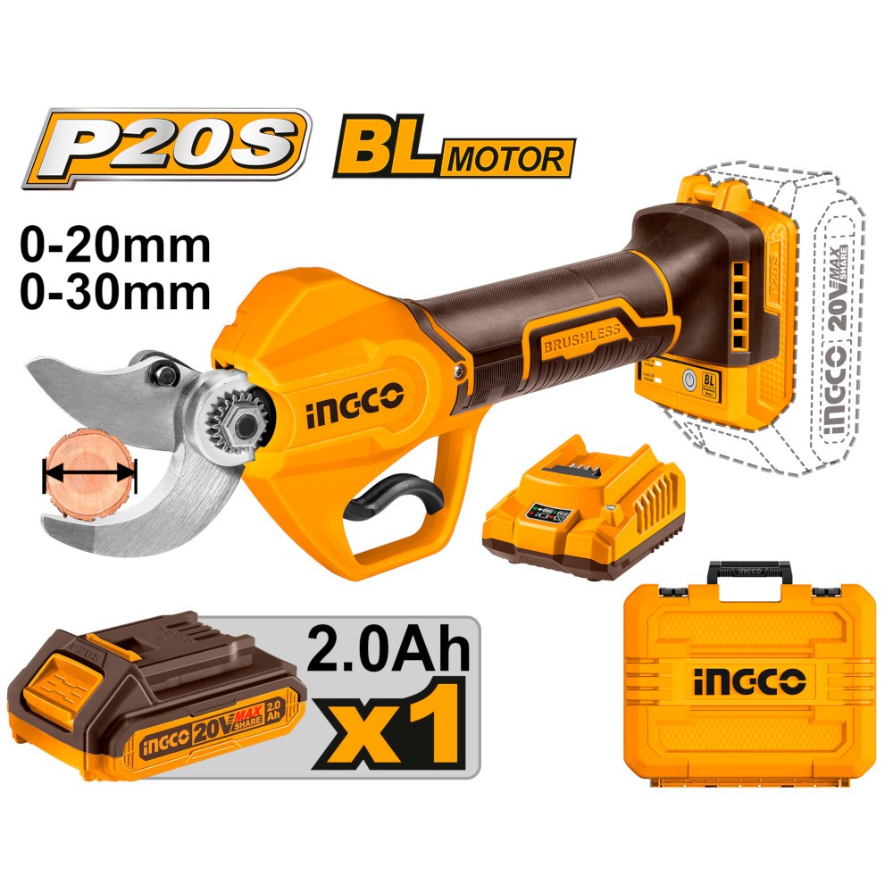 Foarfeca electrica de gradina INGCO 20V brushless, taiere 2 3 cm, acumulator 2 Ah, incarcator si geanta