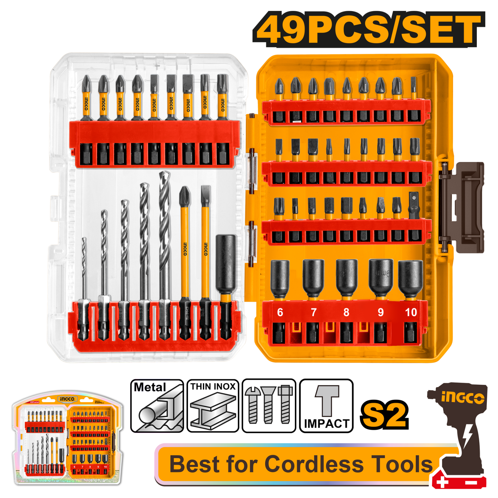 Set burghie si biti de impact, 49 piese, prindere 1/4 inch, pentru metal si lemn