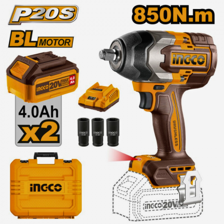 Scule electrice - Masina de insurubat cu impact 850Nm, 20V, trusa cu acumulatori si incarcator