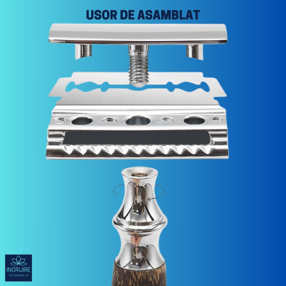 Aparat de ras clasic, maner din lemn, silver [8]