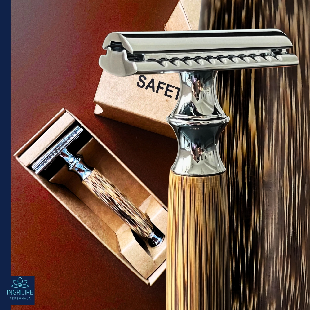 Aparat de ras clasic, maner din lemn, silver [2]