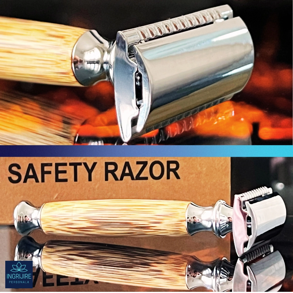 Aparat de ras clasic, maner din lemn, silver [9]